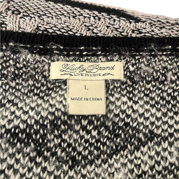 Lucky Brand Bali Aztec Long Open Cardigan Sweater Black Tan Large Chic Textured - Picture 5 of 5